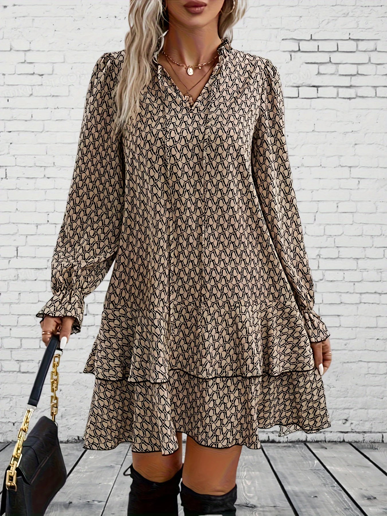 Flare manga plissado vestido, plus size, impressão