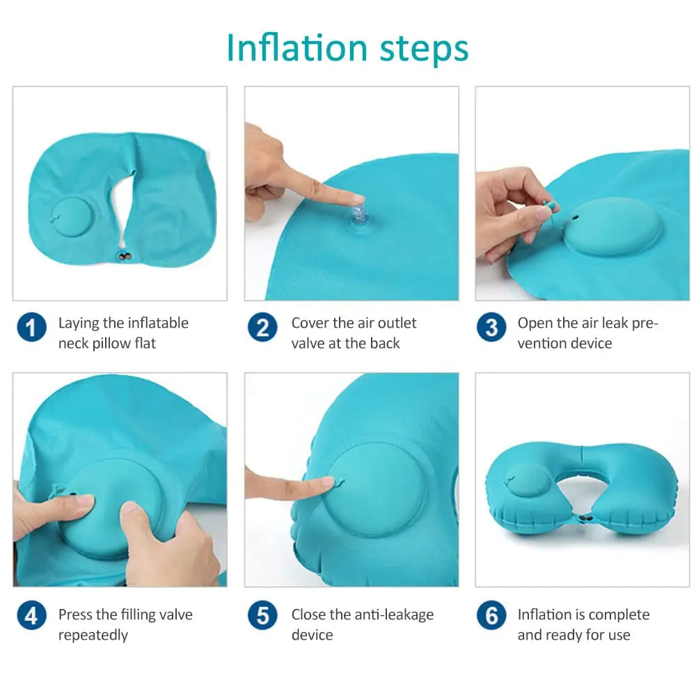 Flocagem inflável portátil pescoço travesseiro, adequado para viagens ao ar livre, viagens de negócios, Camping, Self Filled