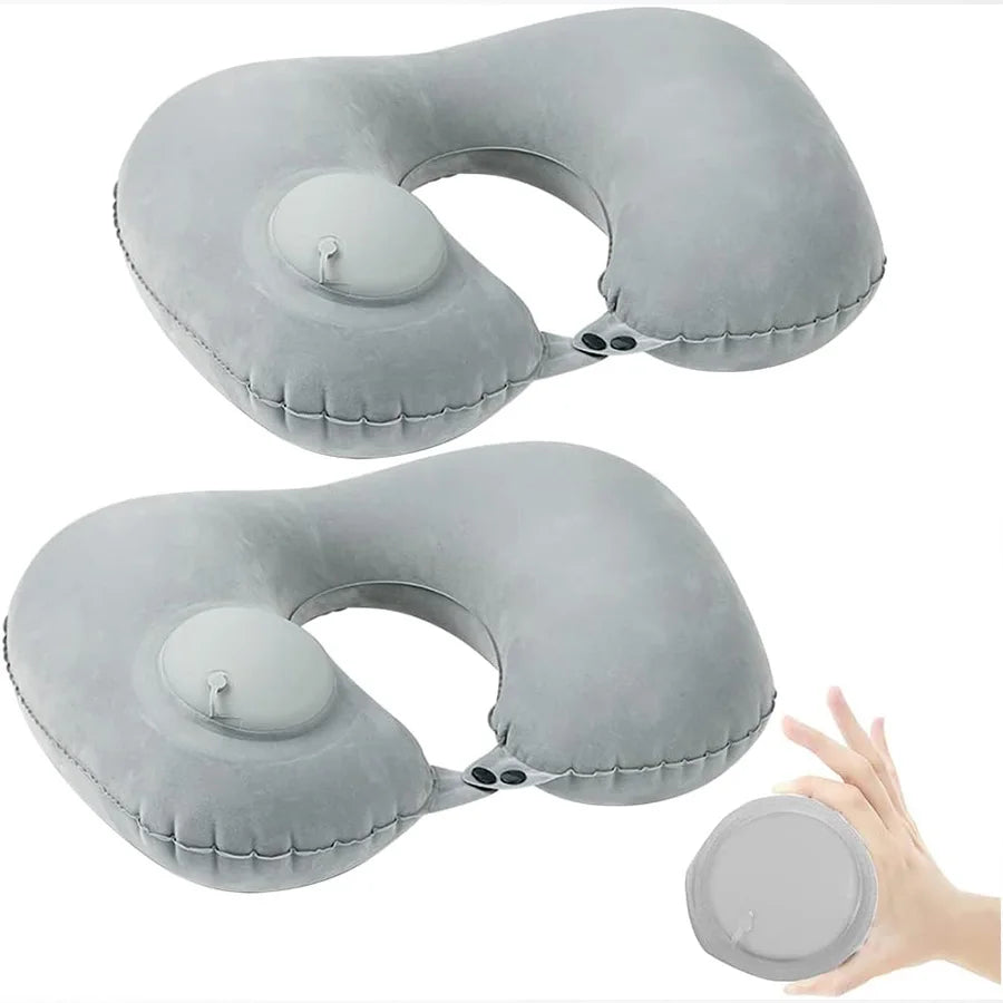 Flocagem inflável portátil pescoço travesseiro, adequado para viagens ao ar livre, viagens de negócios, Camping, Self Filled