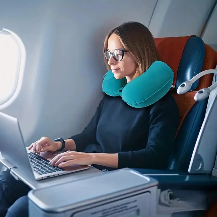 Flocagem inflável portátil pescoço travesseiro, adequado para viagens ao ar livre, viagens de negócios, Camping, Self Filled