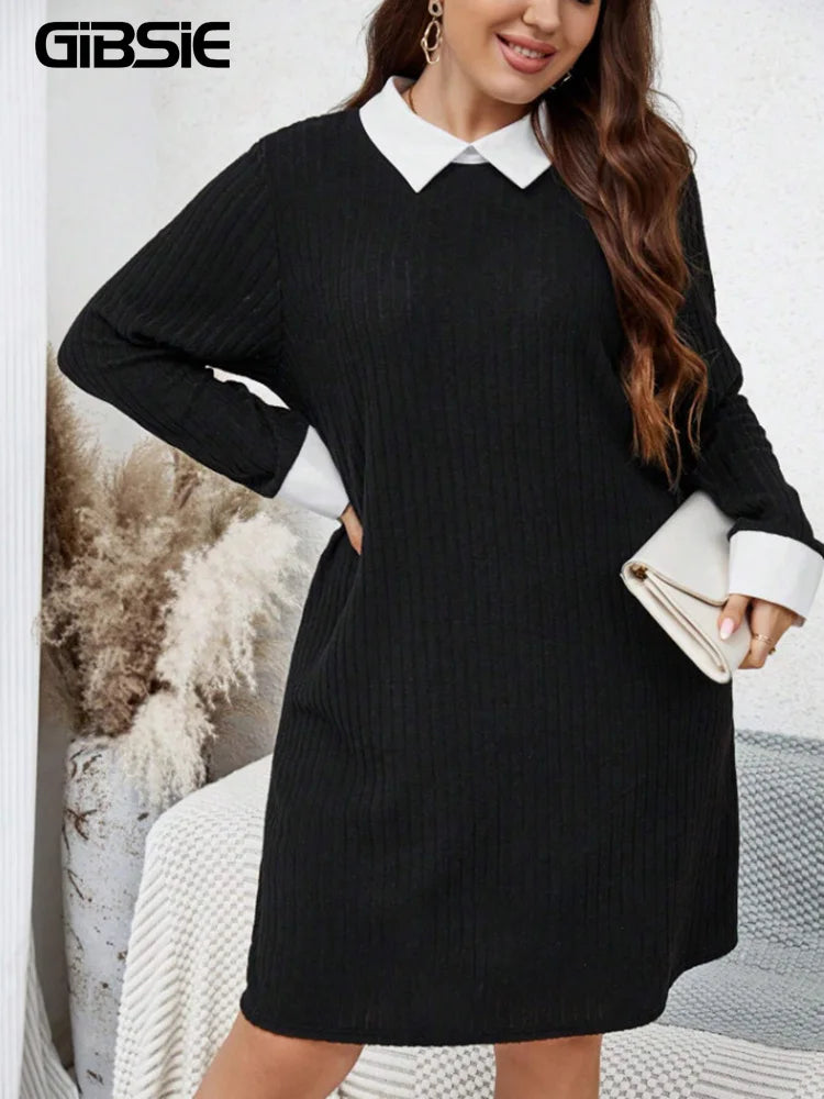 GIBSIE-Mini vestido casual costela preta de malha feminina com gola branca, manga comprida, vestidos femininos soltos, plus size, primavera e outono