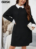 GIBSIE-Mini vestido casual costela preta de malha feminina com gola branca, manga comprida, vestidos femininos soltos, plus size, primavera e outono