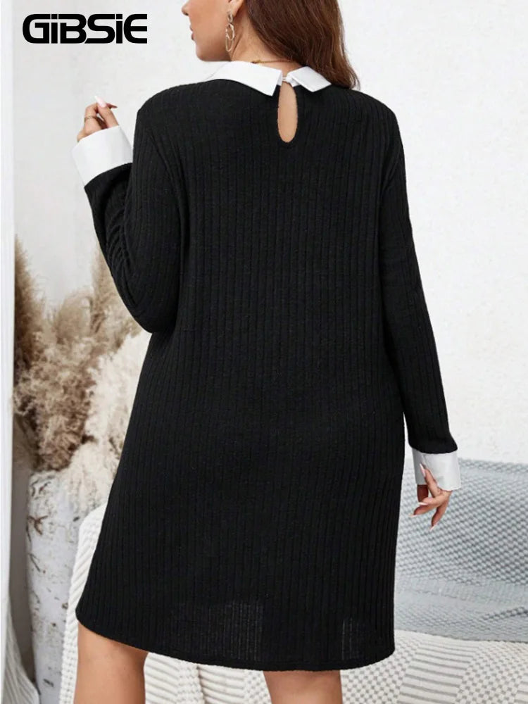 GIBSIE-Mini vestido casual costela preta de malha feminina com gola branca, manga comprida, vestidos femininos soltos, plus size, primavera e outono