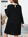 GIBSIE-Mini vestido casual costela preta de malha feminina com gola branca, manga comprida, vestidos femininos soltos, plus size, primavera e outono