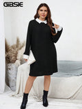 GIBSIE-Mini vestido casual costela preta de malha feminina com gola branca, manga comprida, vestidos femininos soltos, plus size, primavera e outono