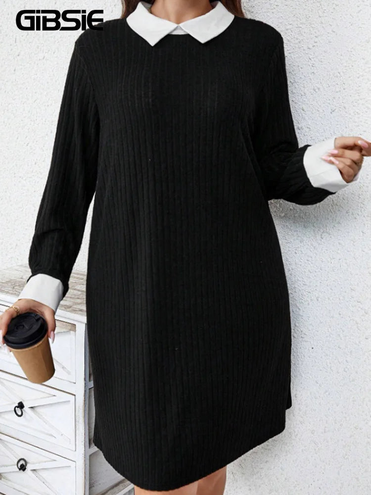 GIBSIE-Mini vestido casual costela preta de malha feminina com gola branca, manga comprida, vestidos femininos soltos, plus size, primavera e outono