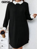 GIBSIE-Mini vestido casual costela preta de malha feminina com gola branca, manga comprida, vestidos femininos soltos, plus size, primavera e outono
