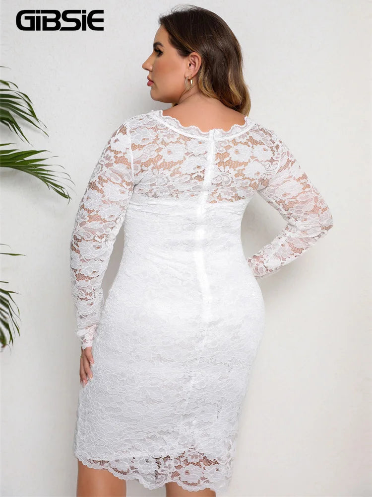 GIBSIE-2024 Primavera Verano Mujer Vestido de Encaje Blanco Manga Larga Cremallera Vestido Midi Sexy Fiesta de Noche Elegante Talla Grande 