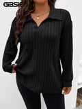 GIBSIE-2023 Camiseta de manga larga con cuello polo para mujer, informal, de punto acanalado, monocromática, de talla grande, para primavera y otoño 