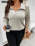 GIBSIE-2023 Camiseta de manga larga con cuello polo para mujer, informal, de punto acanalado, monocromática, de talla grande, para primavera y otoño 
