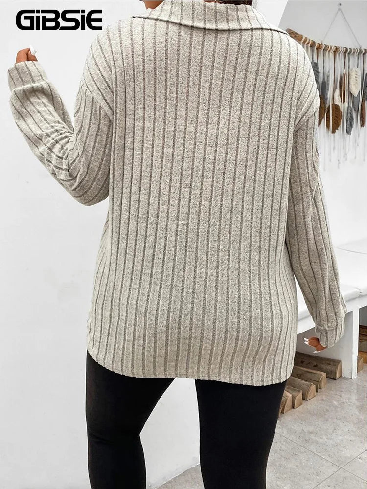 GIBSIE-2023 Camiseta de manga larga con cuello polo para mujer, informal, de punto acanalado, monocromática, de talla grande, para primavera y otoño 