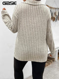 GIBSIE-2023 Camiseta de manga larga con cuello polo para mujer, informal, de punto acanalado, monocromática, de talla grande, para primavera y otoño 
