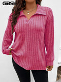 GIBSIE-2023 Camiseta de manga larga con cuello polo para mujer, informal, de punto acanalado, monocromática, de talla grande, para primavera y otoño 