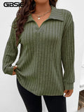GIBSIE-2023 Camiseta de manga larga con cuello polo para mujer, informal, de punto acanalado, monocromática, de talla grande, para primavera y otoño 
