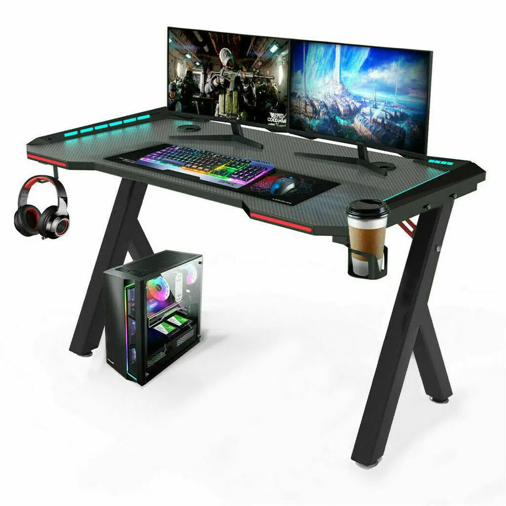 Gaming Desk PC Computer Gamer Table Ergonomic Workstation with RGB LED Lights Headphone Hook Cup Holder for Home Offices 