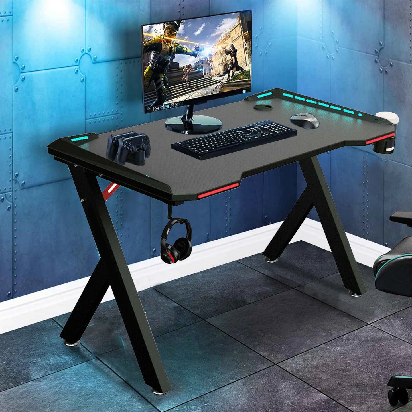 Gaming Desk PC Computer Gamer Table Ergonomic Workstation with RGB LED Lights Headphone Hook Cup Holder for Home Offices 