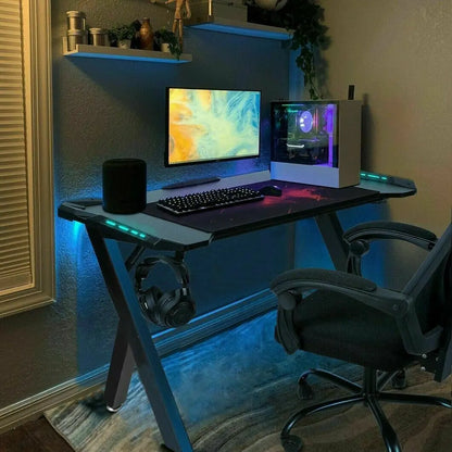 Gaming Desk PC Computer Gamer Table Ergonomic Workstation with RGB LED Lights Headphone Hook Cup Holder for Home Offices 