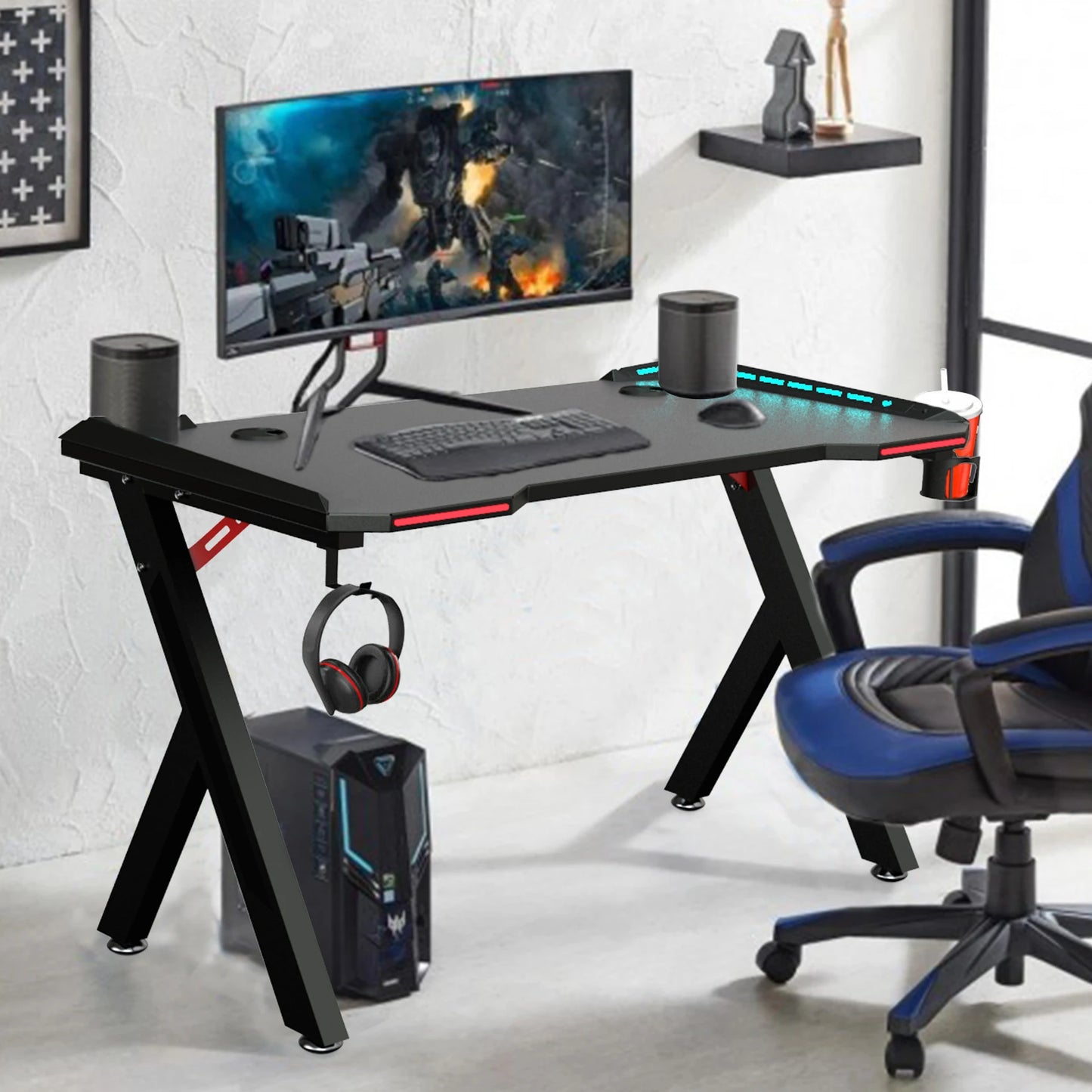 Gaming Desk PC Computer Gamer Table Ergonomic Workstation with RGB LED Lights Headphone Hook Cup Holder for Home Offices 