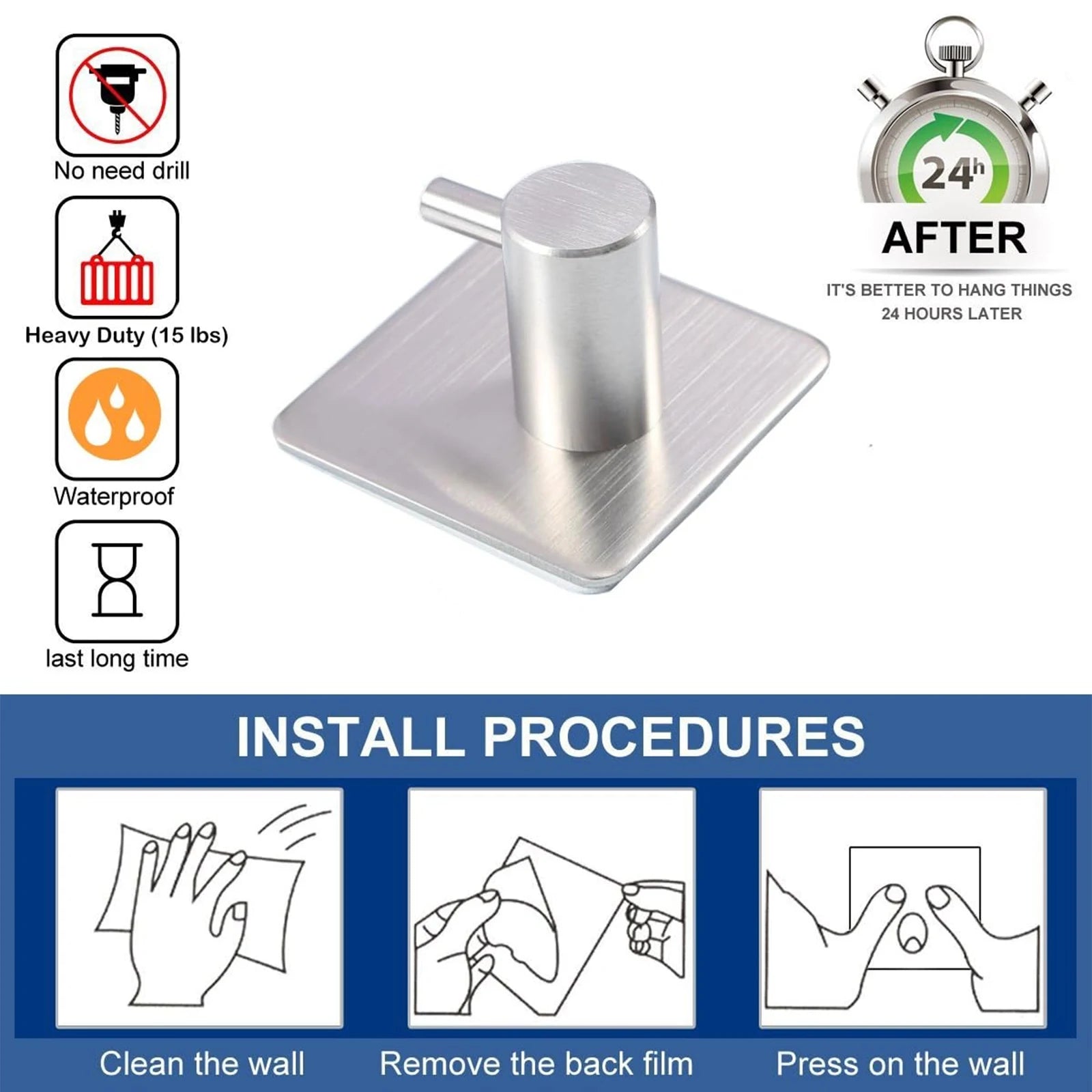 4 ganchos de pared adhesivos resistentes de acero inoxidable, impermeables, para baño y dormitorio. 
