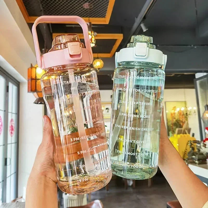 Portable Water Bottle with Time Marker, Large Capacity, Plastic Straw, Water Cup, Drink Bottle, Outdoor Sports, Fitness, 2L 