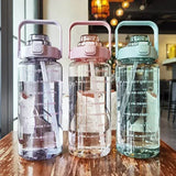 Portable Water Bottle with Time Marker, Large Capacity, Plastic Straw, Water Cup, Drink Bottle, Outdoor Sports, Fitness, 2L 