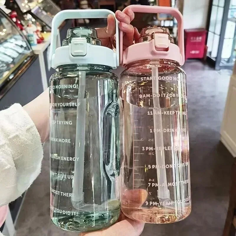 Portable Water Bottle with Time Marker, Large Capacity, Plastic Straw, Water Cup, Drink Bottle, Outdoor Sports, Fitness, 2L 