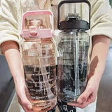 Portable Water Bottle with Time Marker, Large Capacity, Plastic Straw, Water Cup, Drink Bottle, Outdoor Sports, Fitness, 2L 