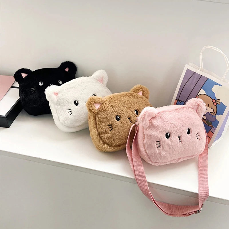 Bolsos cruzados con diseño de gato de dibujos animados para niñas, bolso de hombro de felpa suave, bolsos de peluche, monederos, lindos para niños, moda de invierno 