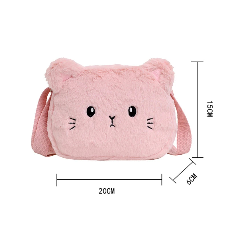 Cartoon Cat Crossbody Bags for Baby Girls, Soft Plush Shoulder Bag, Furry Handbags, Coin Purses, Cute Kids, Winter Fashion 