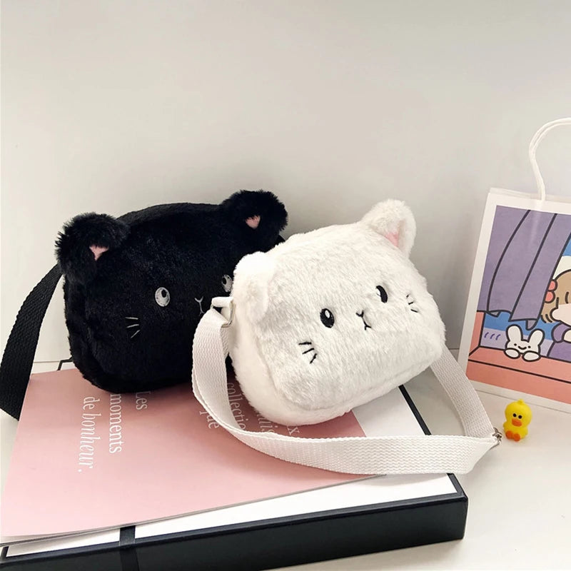 Bolsos cruzados con diseño de gato de dibujos animados para niñas, bolso de hombro de felpa suave, bolsos de peluche, monederos, lindos para niños, moda de invierno 