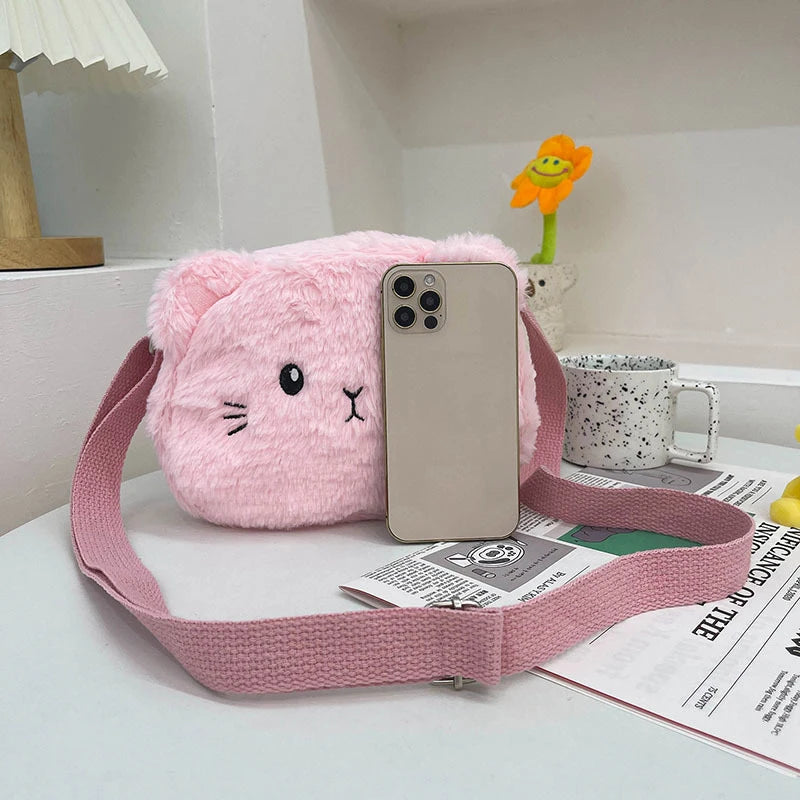Bolsos cruzados con diseño de gato de dibujos animados para niñas, bolso de hombro de felpa suave, bolsos de peluche, monederos, lindos para niños, moda de invierno 