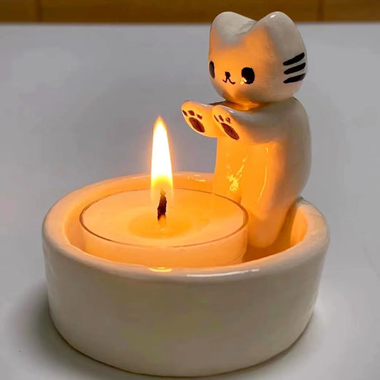 Gato dos desenhos animados castiçal gato chá luz castiçal escritório casa desktop ornamentos decorativos bonito castiçal