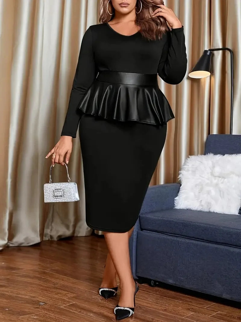 Vestido plisado de manga larga con escote en V negro de talla grande de Gibsie para mujer, vestido elegante ajustado midi para oficina, primavera y otoño, para fiestas. 
