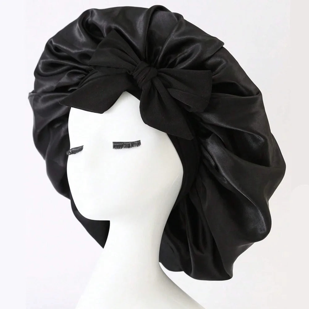 Gorro de dormir de satén de seda ajustable con lazo para mujeres y hombres. 