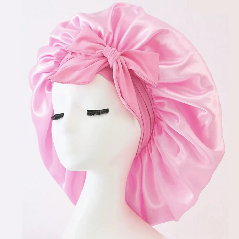 Gorro de dormir de satén de seda ajustable con lazo para mujeres y hombres. 