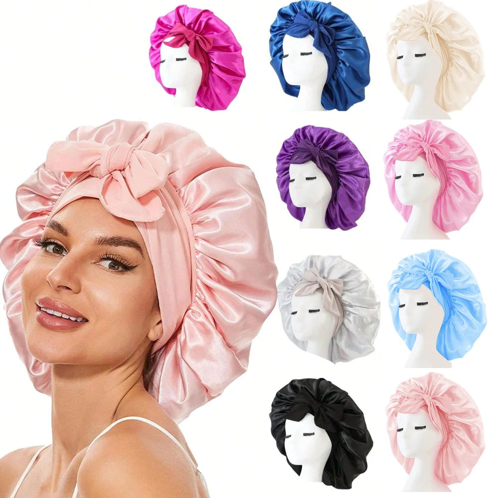 Gorro de dormir de satén de seda ajustable con lazo para mujeres y hombres. 