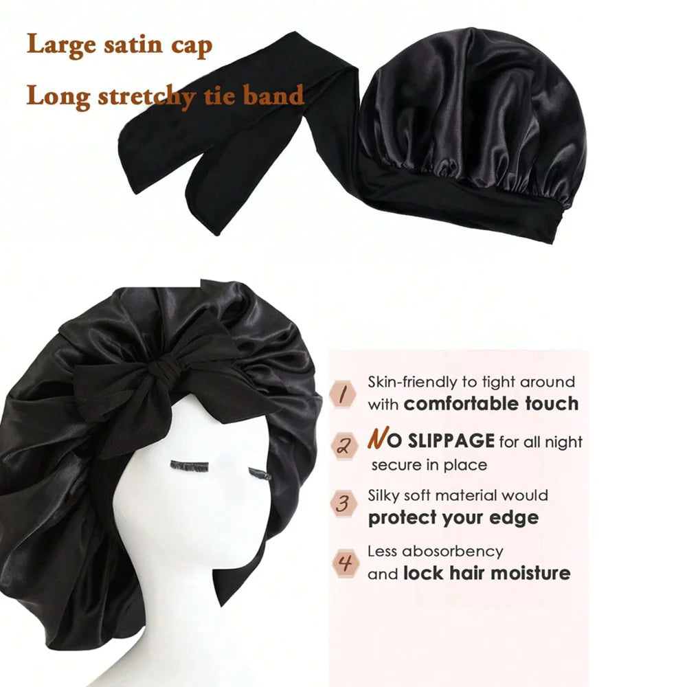 Gorro de cetim de seda ajustável Bonne para dormir gorro de cabelo com gravata para mulheres e homens