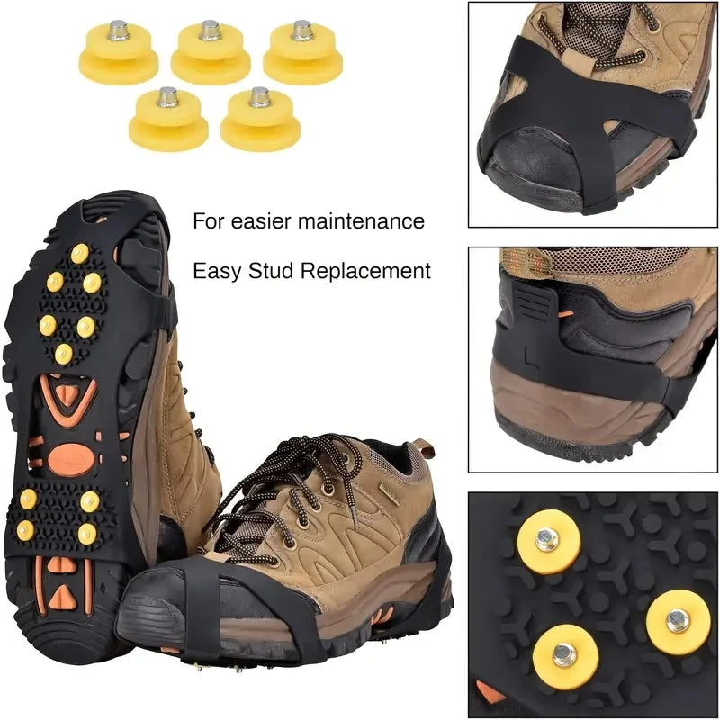 Grampos de neve para gelo e neve, grampos de borracha antiderrapantes, grampos de tração, caminhadas, escalada, corrida, 10 parafusos prisioneiros de aço, 2 peças