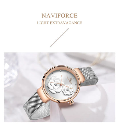 Reloj para mujer NAVIFORCE, marca de lujo superior, malla de acero, resistente al agua, relojes para mujer, reloj de pulsera femenino de cuarzo con flores, reloj encantador para chica.