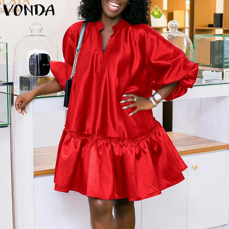 Plus Size 5XL VONDA 2024 Summer Dress Bohemian Women Short Lantern Sleeve Satin Mini Vestido V Neck Solid Elegant Party Sundress