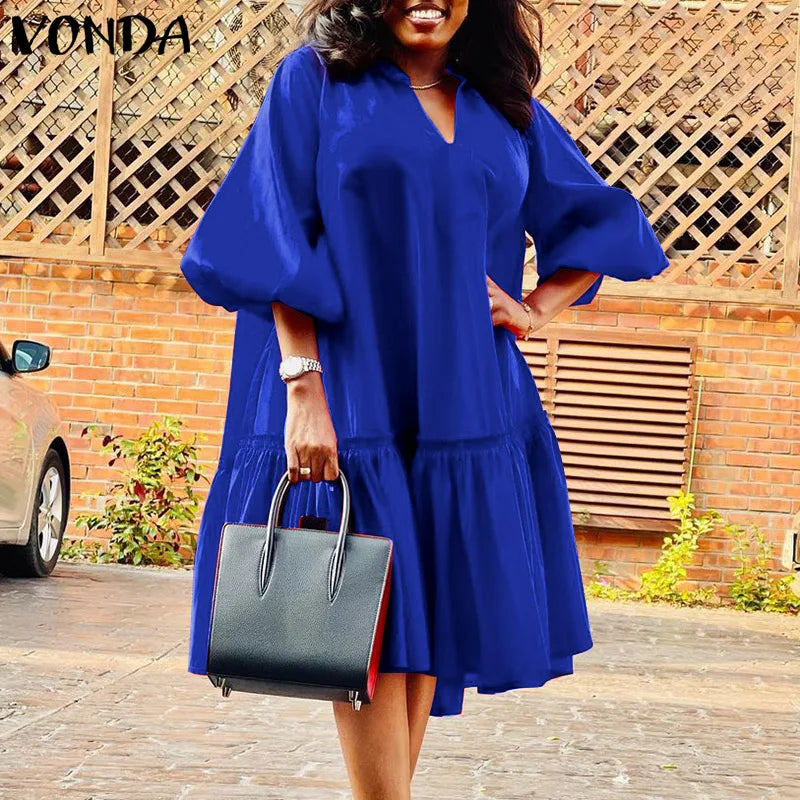 Plus Size 5XL VONDA 2024 Summer Dress Bohemian Women Short Lantern Sleeve Satin Mini Vestido V Neck Solid Elegant Party Sundress