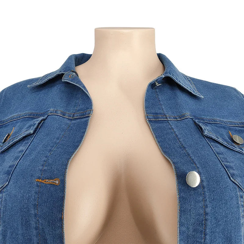 Plus Size Women's Two Piece Set Fall Outfits Long Sleeve Denim Coat and Jeans Stacked Pant Dropshipping Wholesale
