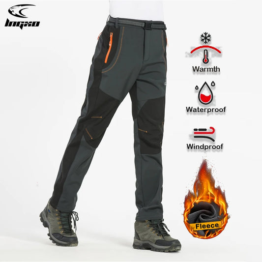 LNGXO - Pantalones de senderismo de forro polar grueso y cálido para hombre, impermeables, resistentes al viento, para exteriores, de caparazón suave, para lluvia, trekking, camping, esquí
