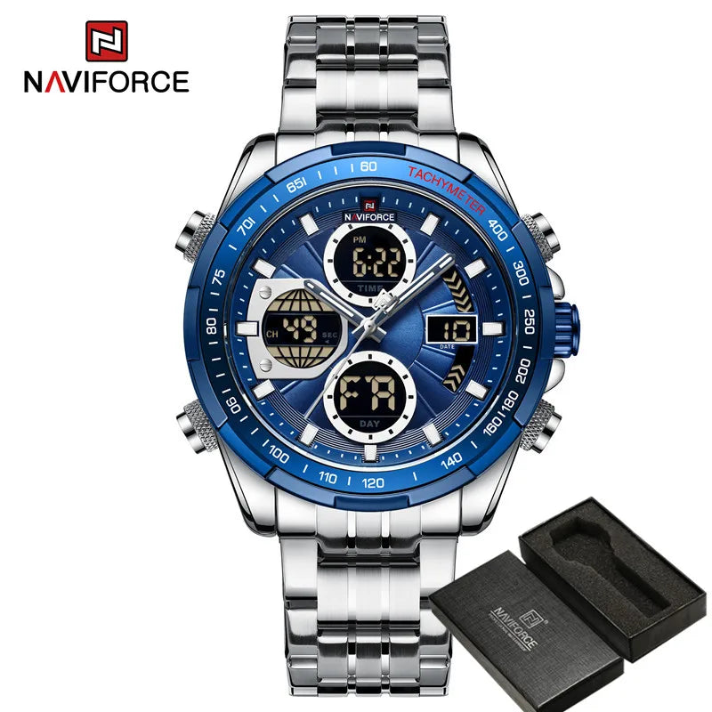NAVIFORCE Top Brand Luxury Classic Men's Watch Quartz Digital Male Clock Military Sport Silver Stainless Steel Man Wristwatch 9197
