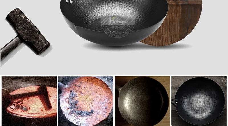 Konco Pure Iron wok cast iron pan Non-coated Pot General use for Gas and Induction Cooker 32cm Chinese Wok Cookware Pan