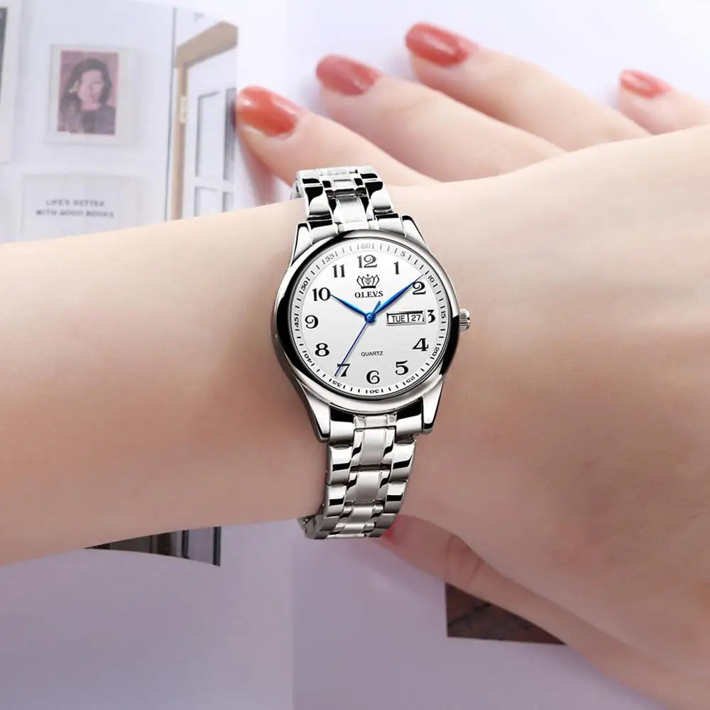 Relogio feminino de luxo bicolor aço inoxidavel e calendario duplo