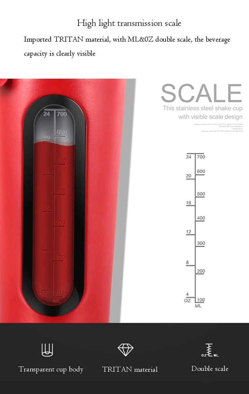 1Pc 700ML Stainless Steel Sports Water Mugs Shaker Bottles With Scale, Outdoor Gym Fitness Shake Cup Protein Powder Mixer Bottle