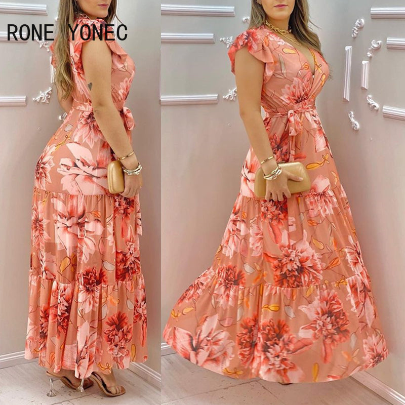 Women V-Neck Ruffles Sleeve Floral Print Chiffon Dress Maxi Dress Vacation Dress 2021