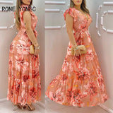 Women V-Neck Ruffles Sleeve Floral Print Chiffon Dress Maxi Dress Vacation Dress 2021