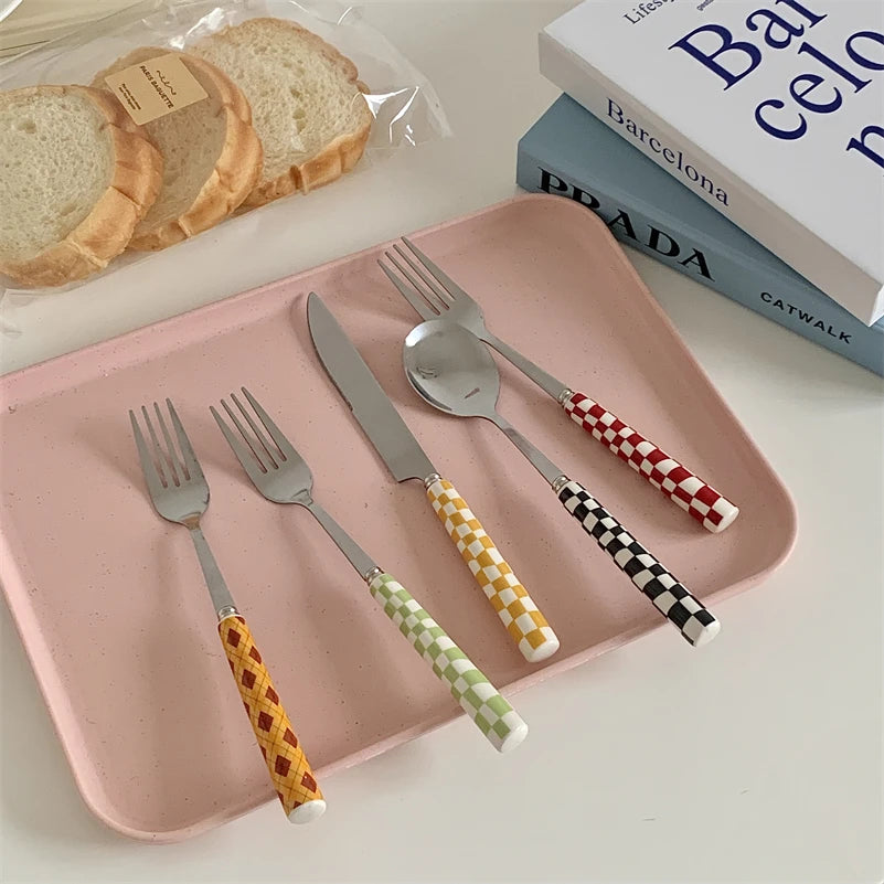 Ins Style Dessert Steak Stainless Steel Knife Fork Spoon Kitchen Dinnerware Checkerboard Lattice Glossy Ceramic Handle 3pcs/set